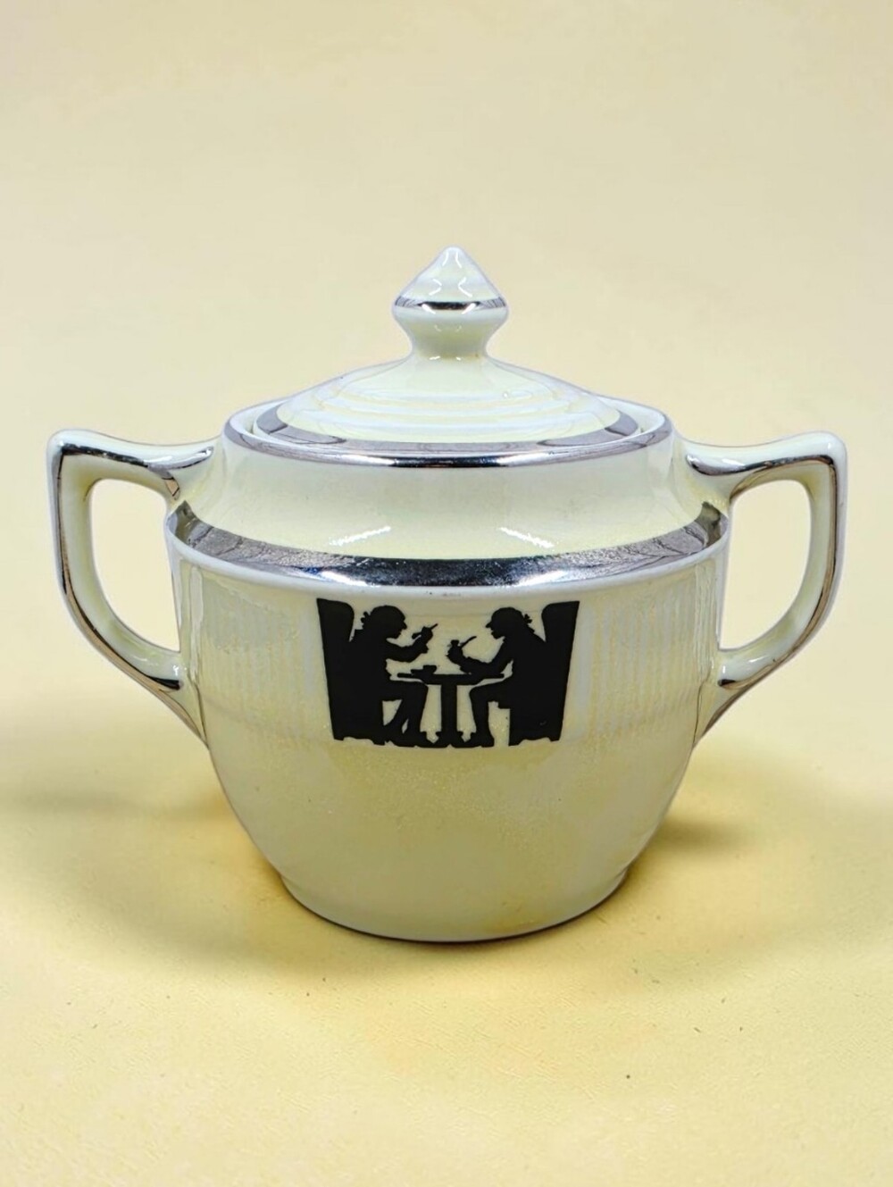 Halls Silhouette Tavern Pattern Lidded Sugar Bowl Pale Yellow Silver Rim